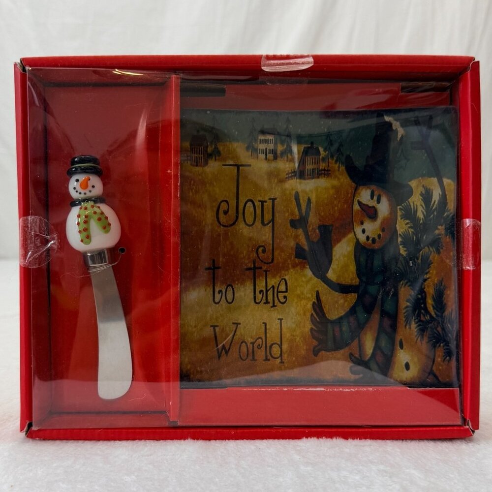 Christmas Snowman Square Cheese Plate & Knife Joy To The World